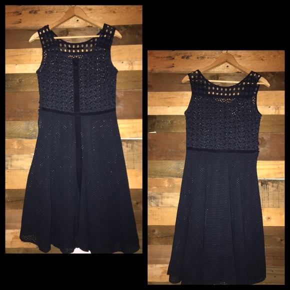 AllSaints Navy Blue Eyelet Lace Embroidered A-Line Dress - Picture 6 of 8
